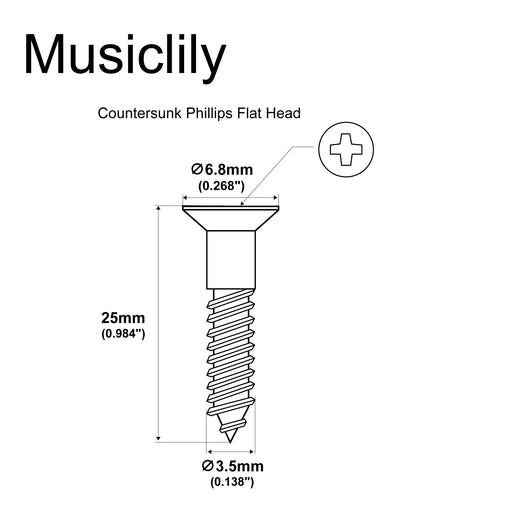 Dimensions of musiclily ultra 3 5 25mm stainless steel flat head countersunk mounting screws for electric guitar or bass bridge mx3037 6p
