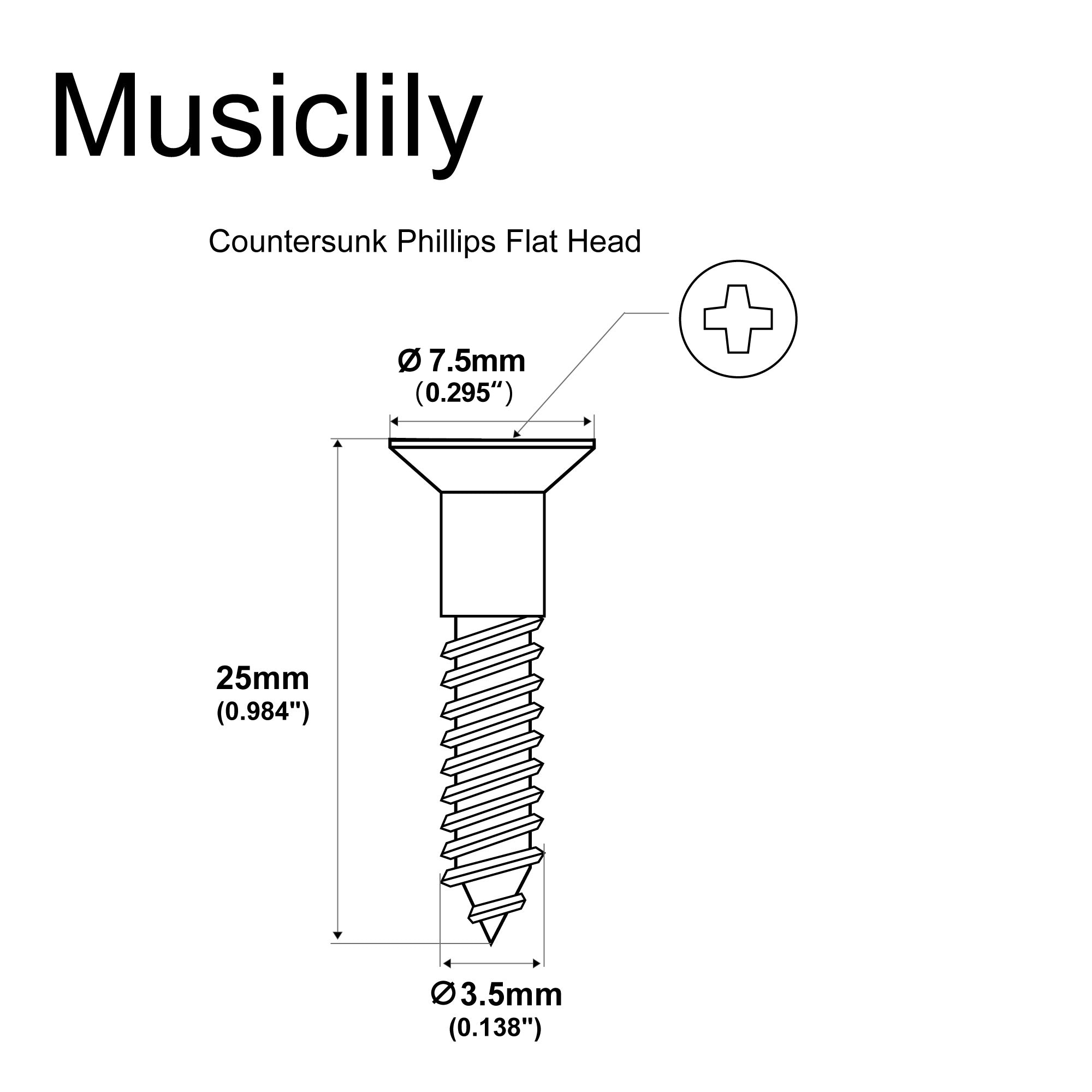 Tornillos de montaje avellanados de cabeza plana Musiclily Ultra de acero inoxidable de 3,5 x 25 mm para puente de guitarra o bajo eléctrico
