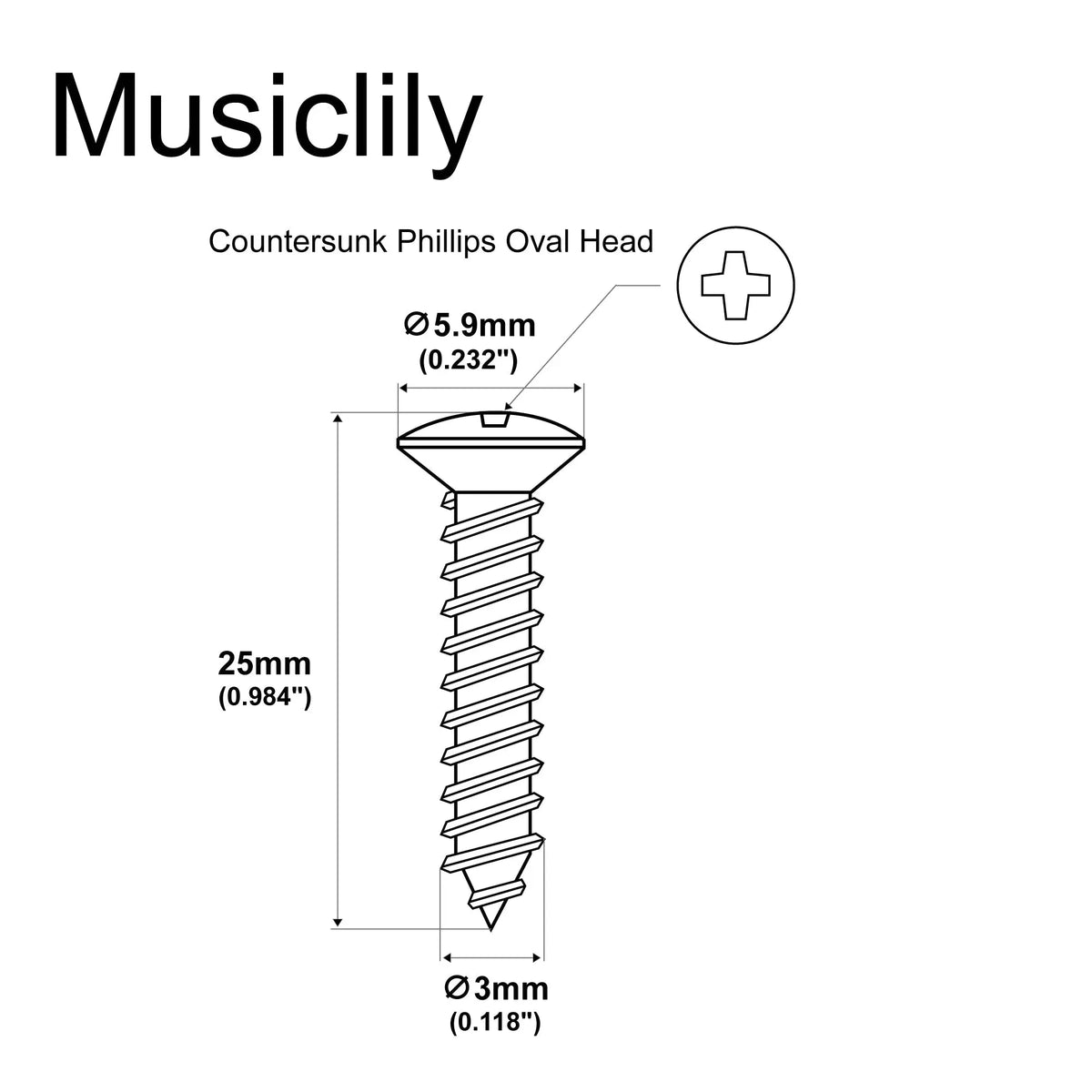Dimensions of musiclily ultra 3 25mm stainless steel countersunk mounting screws for guitar or ukelele strap button mx3038p