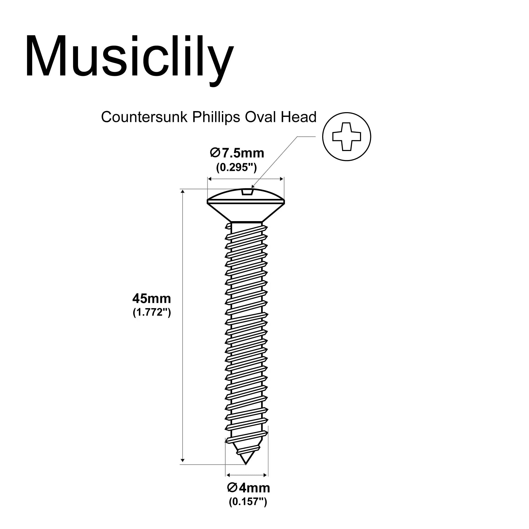 Dimensions of musiclily ultra 4 45mm stainless steel countersunk mounting screws for electric guitar bass neck plate or tremolo bridge claw mx3040p