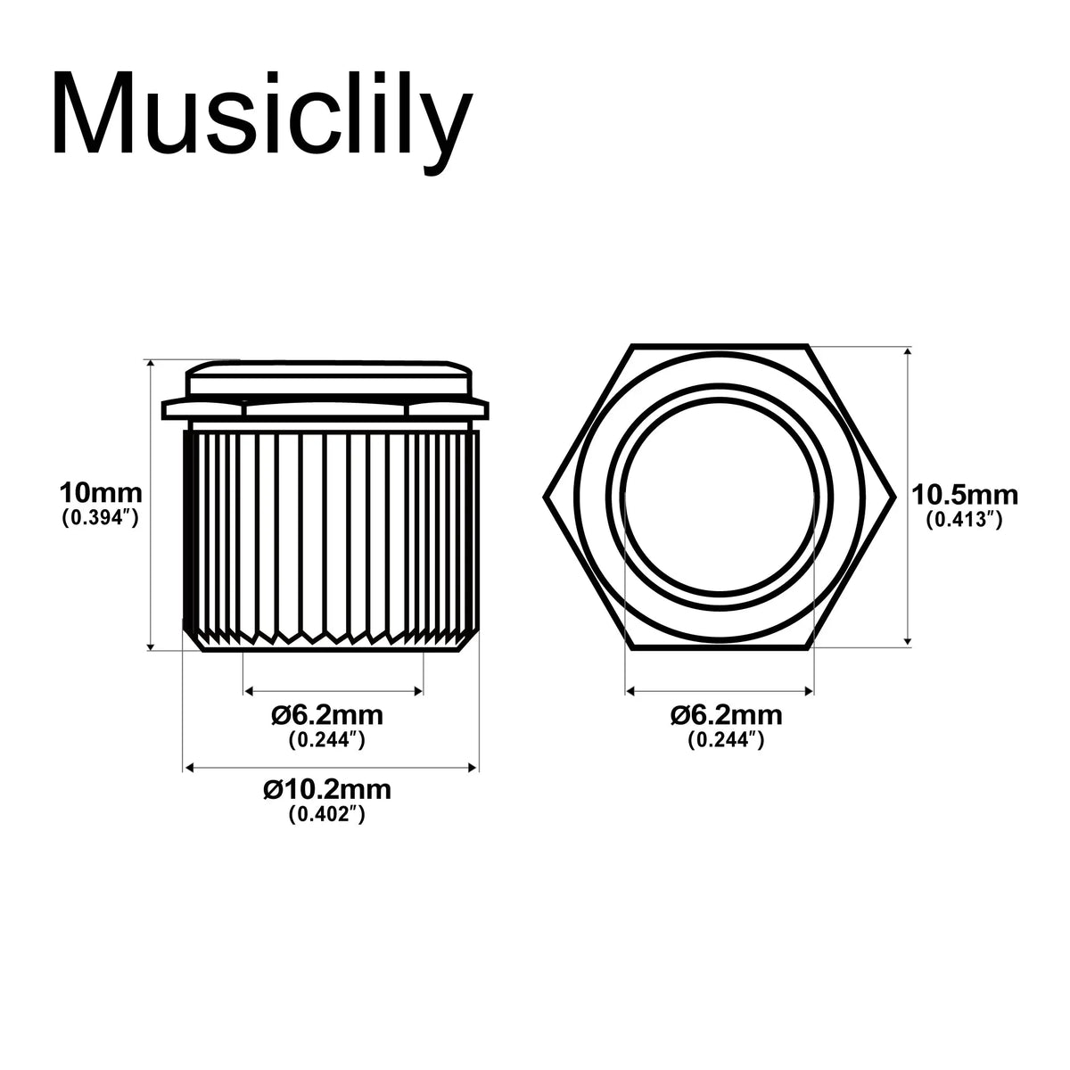 Dimensions of musiclily ultra solid brass 6mm to 10mm vintage to modern sized hex guitar tuner conversion bushings tuning pegs adapter ferrules mx3073 6p