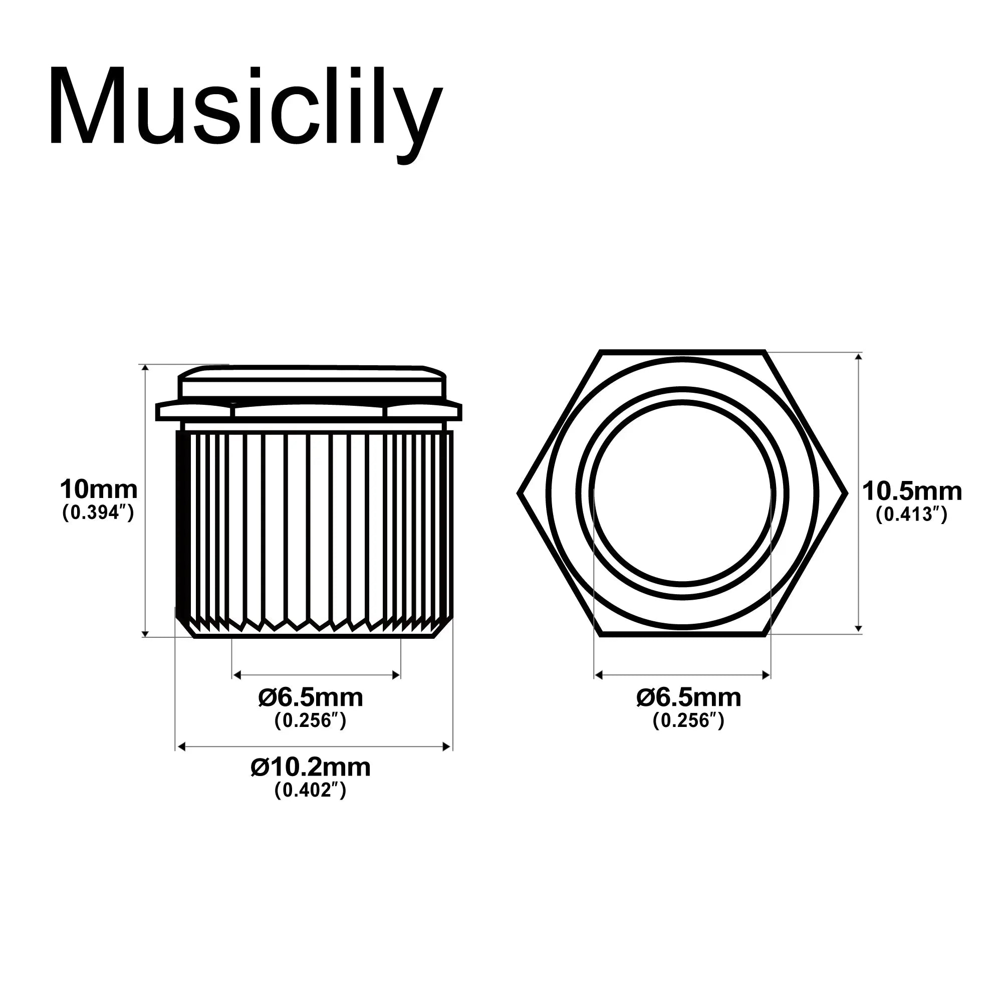 Dimensions of musiclily ultra solid brass 1 4 inch to 10mm vintage to modern sized hex guitar tuner conversion bushings tuning pegs adapter ferrules mx3074gd 6