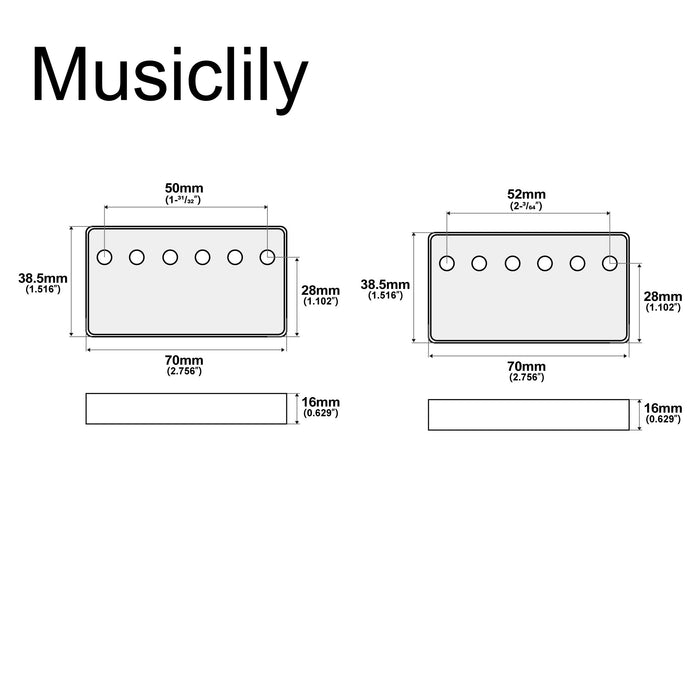 Dimensions of musiclily pro 50 52mm nickel silver alloy humbucker pickup covers set for imported electric guitar mx3077mx3078p