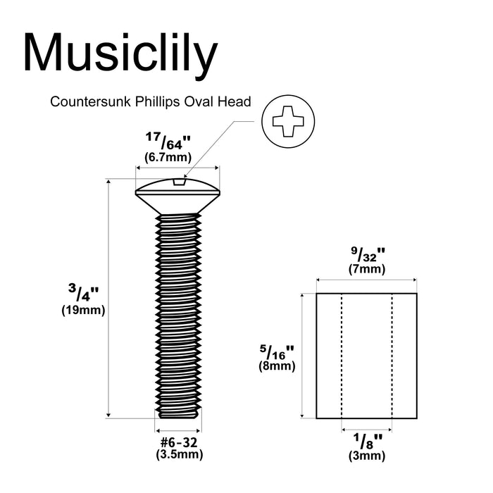 Dimensions of musiclily ultra unc 6 32 3 4 inch stainless steel single coil pickup mounting screws and rubber tubing set for usa mexico fender strat style electric guitar mx3087 6mx2923 6p