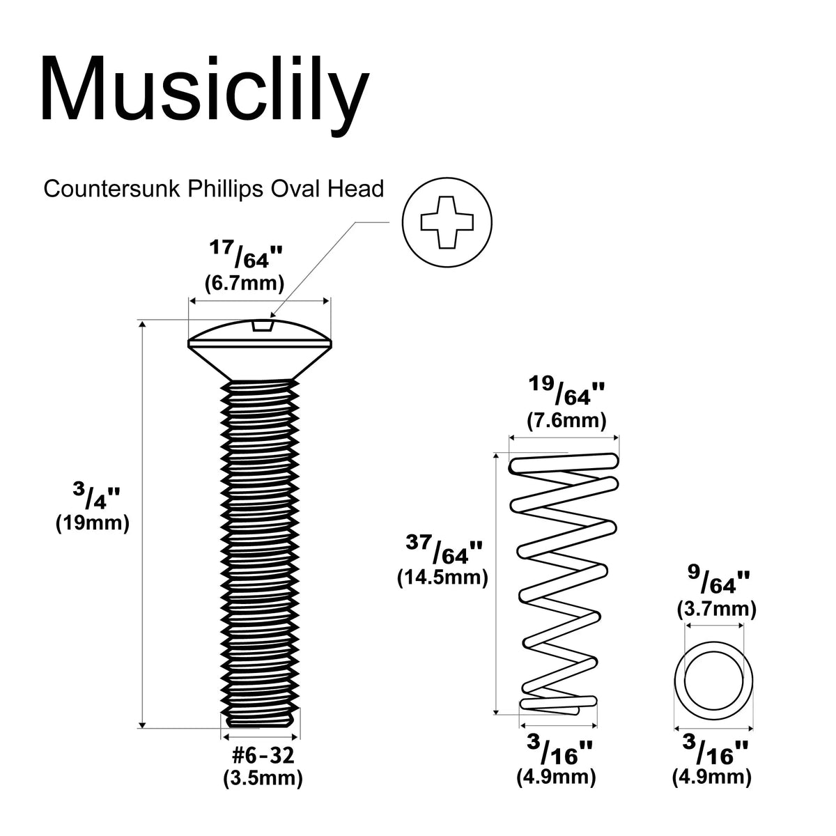 Dimensions of musiclily ultra unc 6 32 3 4 inch stainless steel single coil pickup mounting screws and springs set for usa mexico fender strat style electric guitar mx3087 6m563 6p