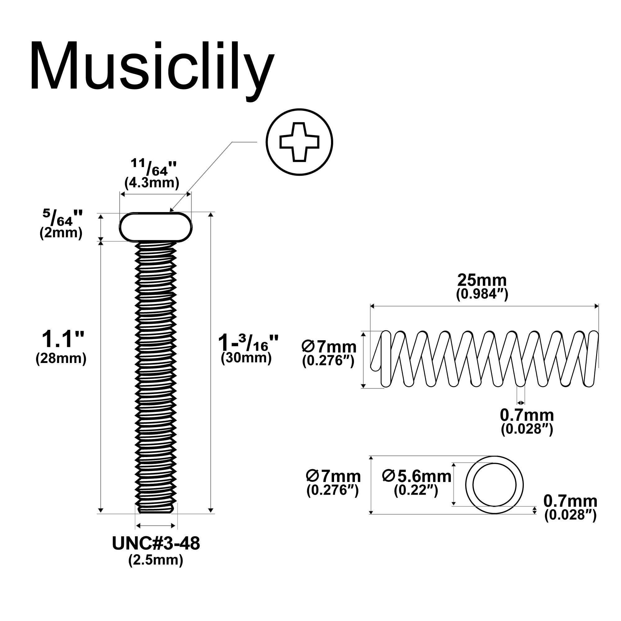 Musiclily Ultra UNC#3-48X1.1 Inch Stainless Steel Humbucker Pickup Mounting Screws and Steel Springs Set for American Made Electric Guitar, Set of 6 Musiclily Ultra