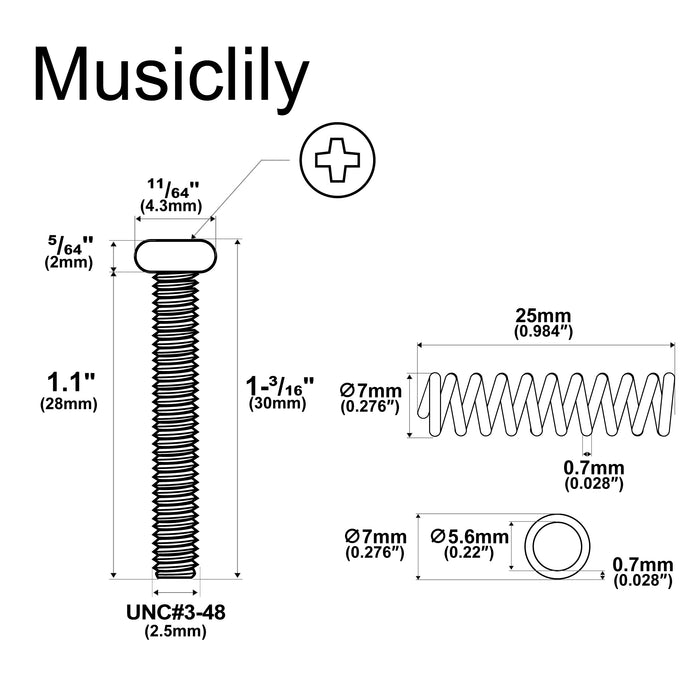 Musiclily Ultra UNC#3-48X1.1 Inch Stainless Steel Humbucker Pickup Mounting Screws and Steel Springs Set for American Made Electric Guitar, Set of 6