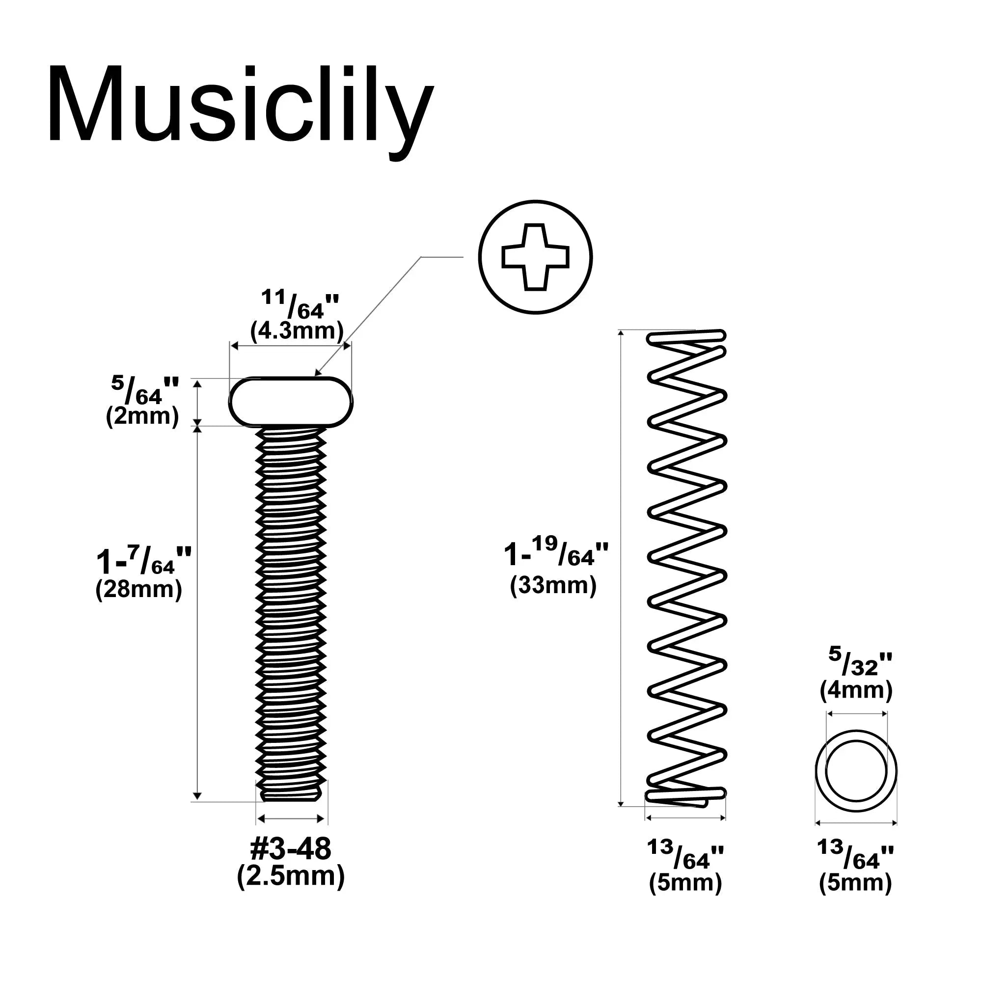 Dimensions of musiclily ultra unc 3 48 1 1 inch stainless steel humbucker pickup mounting screws and springs set for american made electric guitar mx3088 2m562 2p