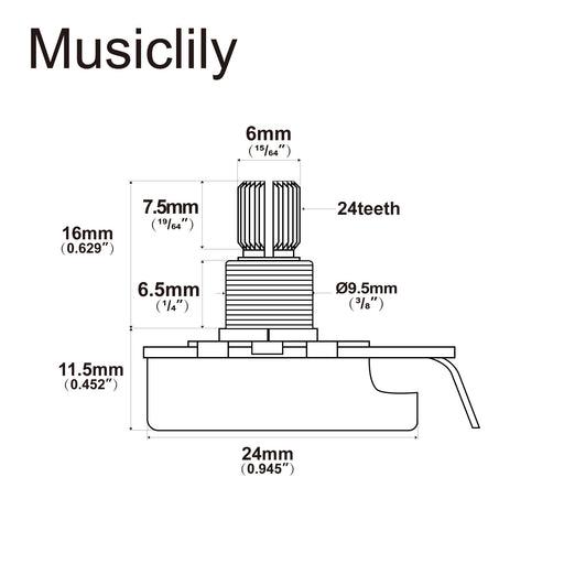 Dimensions of musiclily pro hd b250k full brass inch size fine 24 spline split short shaft pot linear taper potentiometers for electric guitar bass mx3091