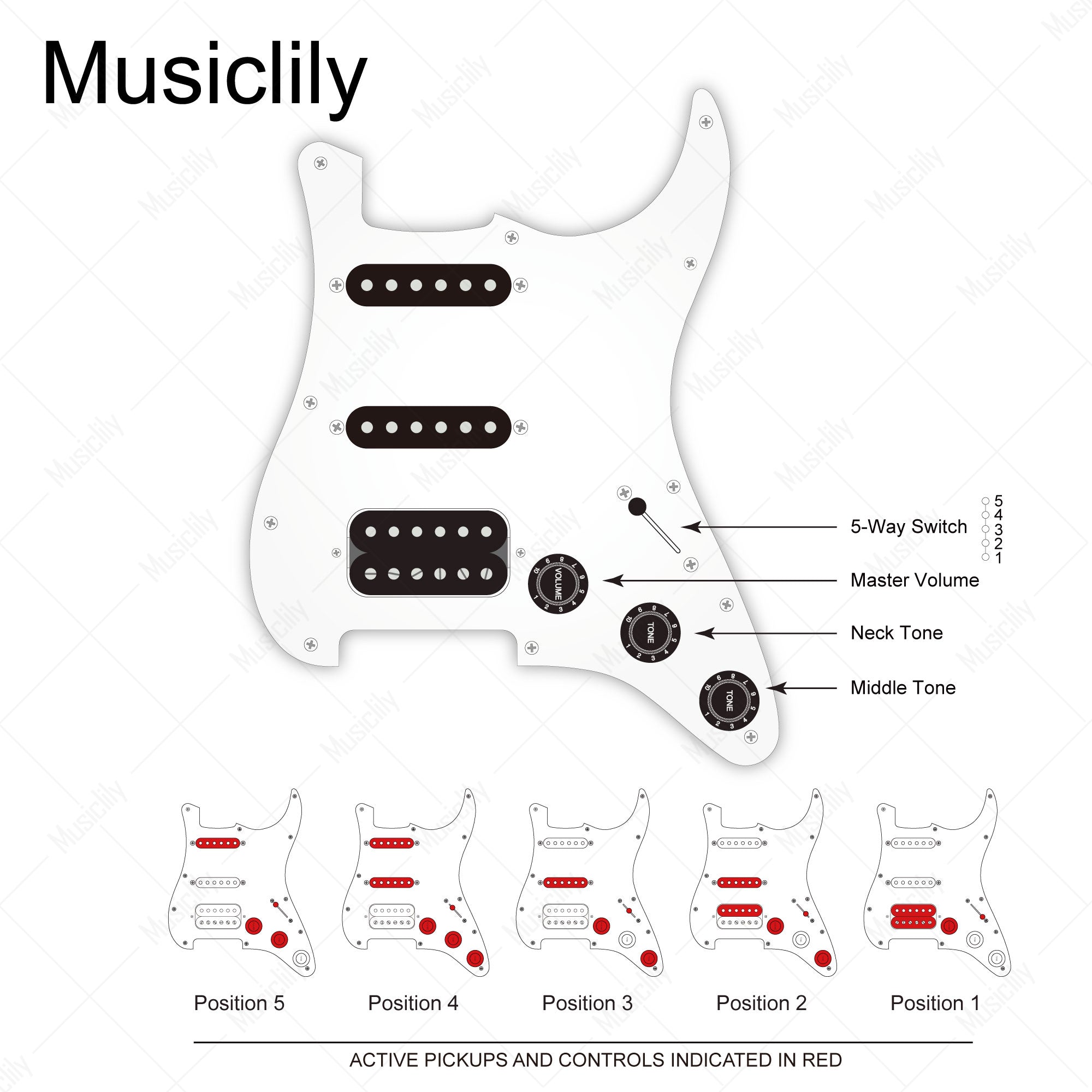 Musiclily Pro Auto-Split Pre-wired Standard HSS Pickguard with Artec Pickups Alnico 5 Magnet for ST Style Electric Guitar Musiclily Pro
