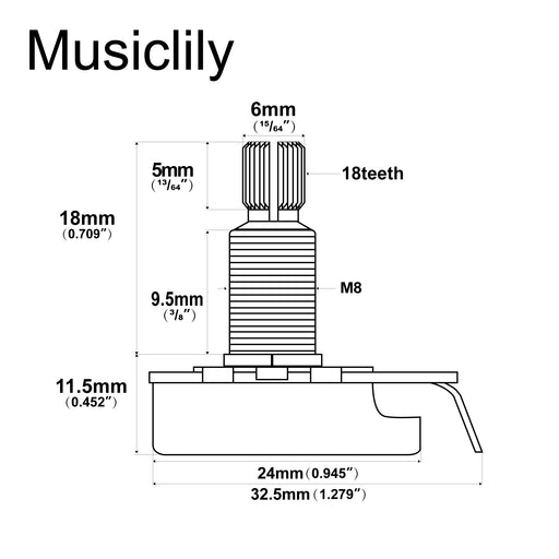 Dimensions of musiclily pro hd 250k full brass metric coarse 18 spline split shaft pot audio linear taper potentiometer for electric guitar bass mx3191