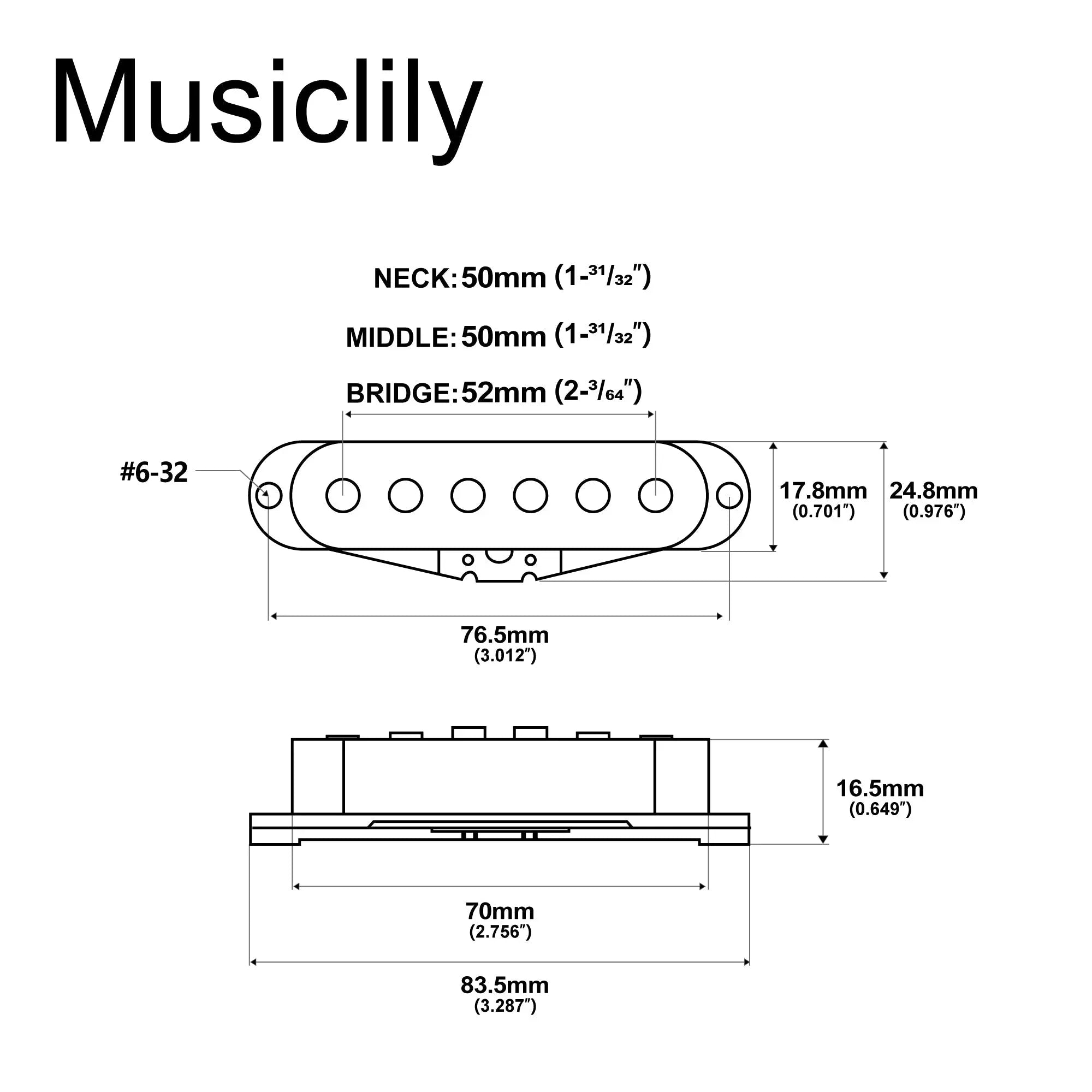Dimensions of musiclily pro st 60se staggered alnico 5 single coil neck middle bridge pickups set for strat style electric guitar mx3236bkmx3237bkmx3238bk