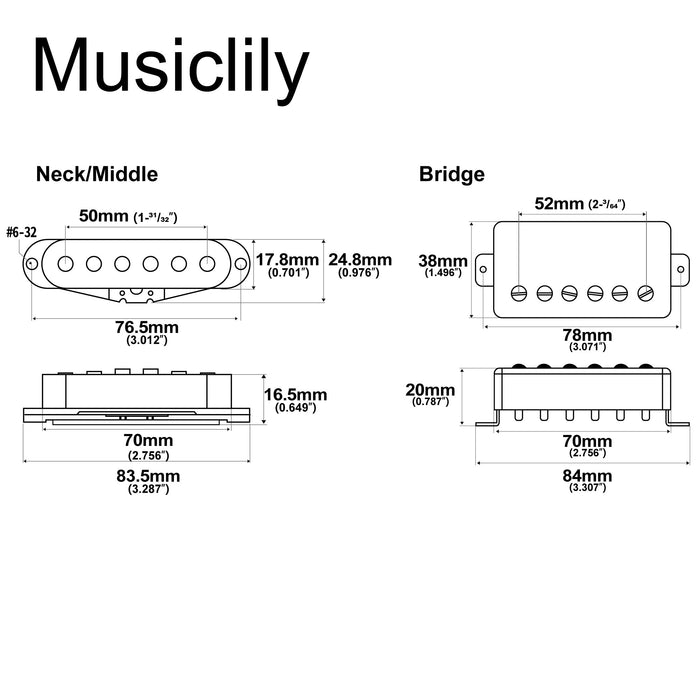 Dimensions of musiclily pro st 60se alnico 5 staggered single coil pickups and covered humbucker st hss neck middle bridge pickups set for strat style electric guitar mx3236mx3237mx3325p