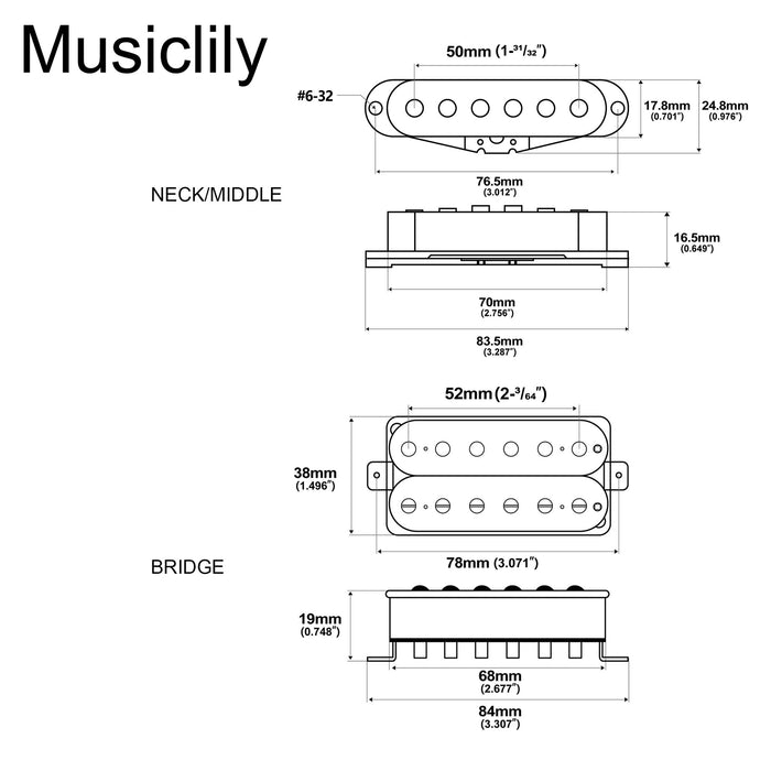 Musiclily Pro ST-60SE Pastillas de bobina simple escalonadas con imán Alnico 5 y humbucker sin cubierta, conjunto para cuello, medio y puente para guitarra eléctrica estilo Stratocaster
