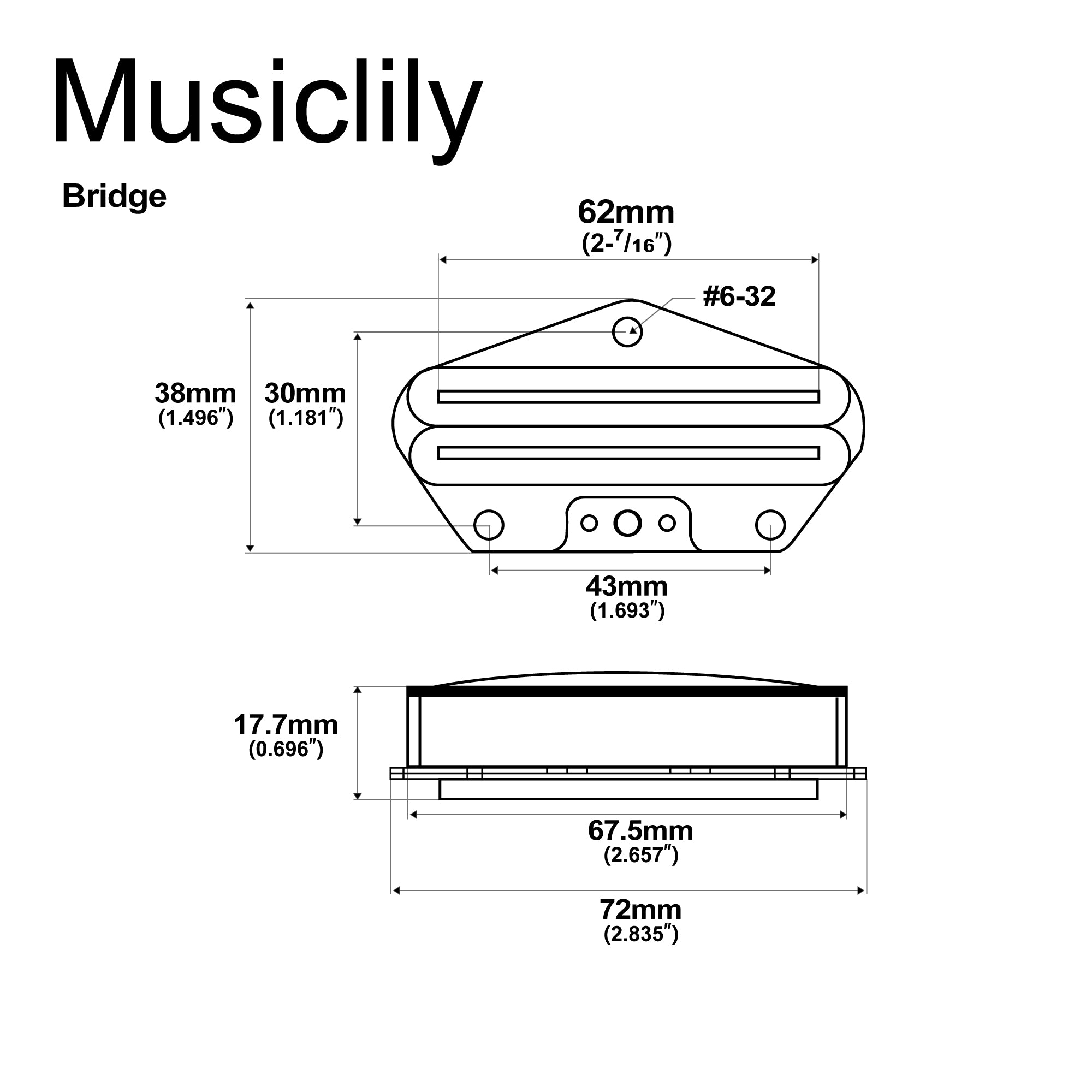 Dimensions of musiclily pro tl dpma alnico 5 rail blade single coil sized humbucker bridge pickup medium output 9 2k for tele style electric guitar mx3243bk