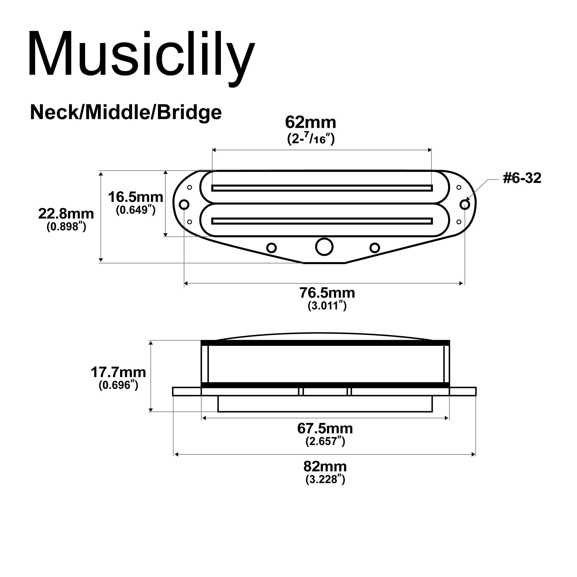 Dimensions of musiclily pro st dphc ceramic rail blade single coil sized humbucker super distortion neck middle bridge pickups set for strat style electric guitar mx3251 2mx3252p