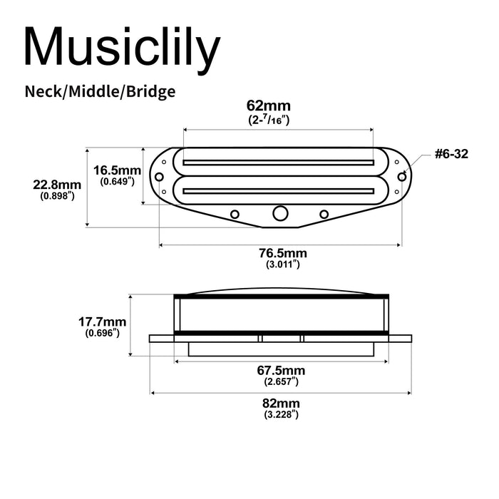 Musiclily Pro ST-DPHC Ceramic Rail Blade Single Coil Sized Humbucker Pickups Set 13.6K Super Distortion for Strat Style Electric Guitar (Set of 3)