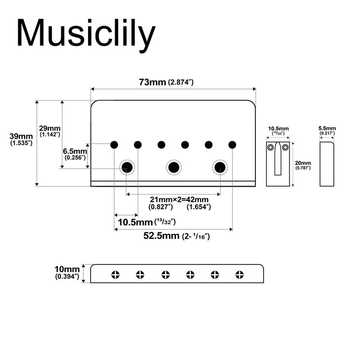 Dimensions of musiclily ultra 52 5mm 2 1 16 inch string spacing offset saddle hardtail fixed bridge non tremolo bridge for strat tele style electric guitar mx3264p