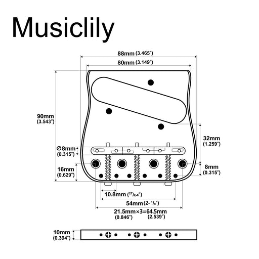 Dimensions of musiclily ultra 54mm2 1 8 inch string spacing full solid brass plate with compensated 3 saddle curved tele style guitar bridge mx3265cr