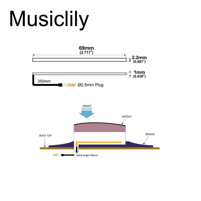 Dimensions of musiclily basic transducer under bridge saddle film sensor piezo pickup for acoustic guitar 69mm 2 2mm mx3298