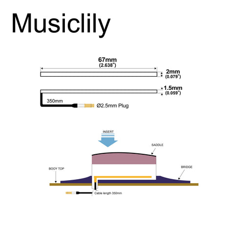 Dimensions of musiclily basic transducer under bridge saddle ceramic piezo pickup for acoustic guitar 67mm 2mm mx3299