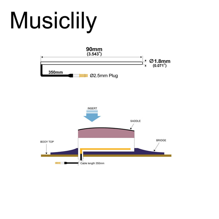 Dimensions of musiclily basic transducer under bridge saddle soft cable piezo pickup for acoustic or classical guitar 90mm 1 8mm mx3301