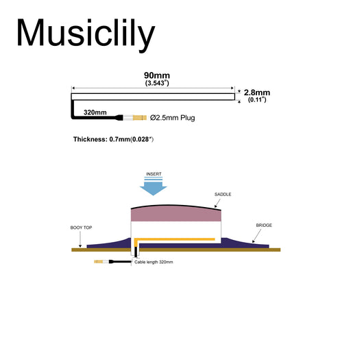 Dimensions of musiclily basic transducer under bridge saddle soft film sensor piezo pickup for acoustic or classical guitar 90mm 2 8mm mx3302