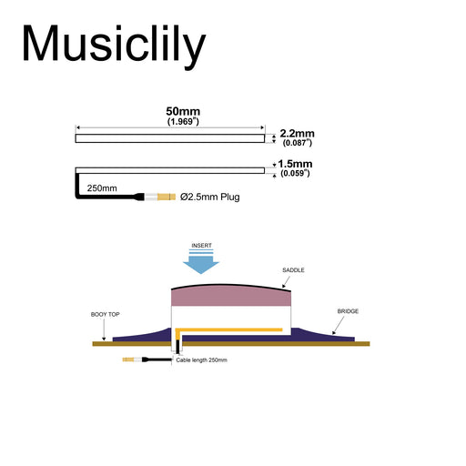 Dimensions of musiclily basic transducer under bridge saddle ceramic piezo pickup for ukulele 50mm 2 2mm mx3303