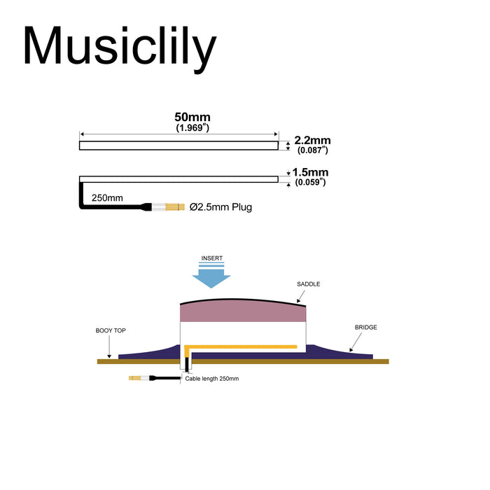 Dimensions of musiclily basic transducer under bridge saddle ceramic piezo pickup for ukulele 50mm 2 2mm mx3303
