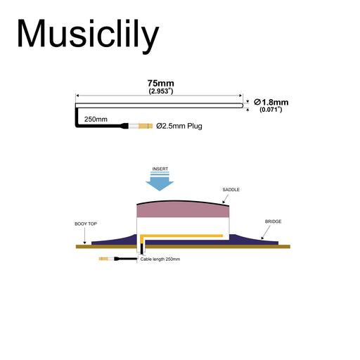 Dimensions of musiclily basic transducer under bridge saddle soft cable piezo pickup for ukulele 75mm 1 8mm mx3304