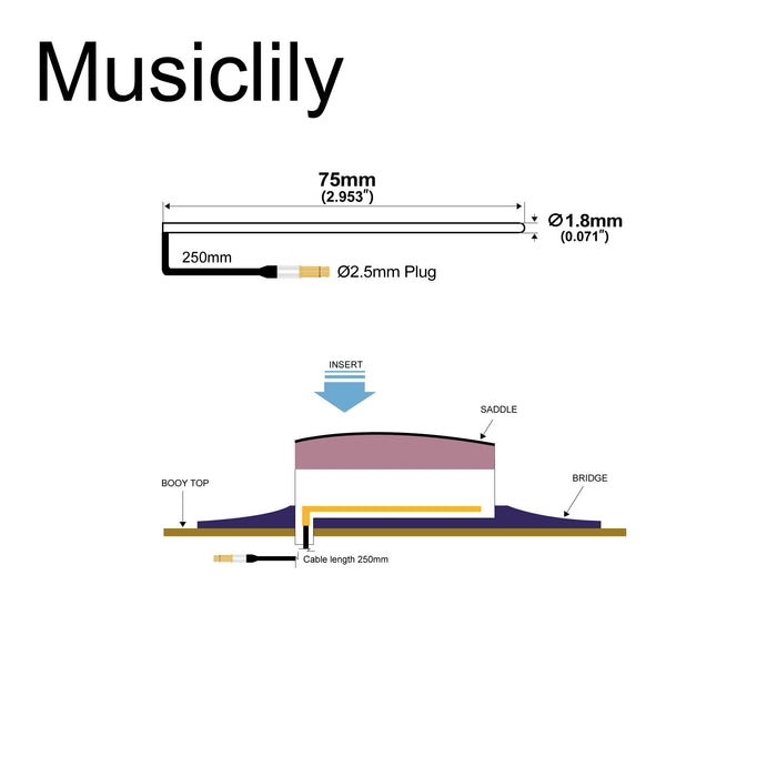 Dimensions of musiclily basic transducer under bridge saddle soft cable piezo pickup for ukulele 75mm 1 8mm mx3304