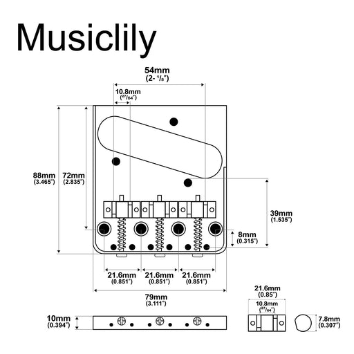 Dimensions of musiclily ultra 54mm2 1 8 inch string spacing full solid aluminum plate with compensated brass 3 saddle vintage ashtray tele style guitar bridge mx3306cr
