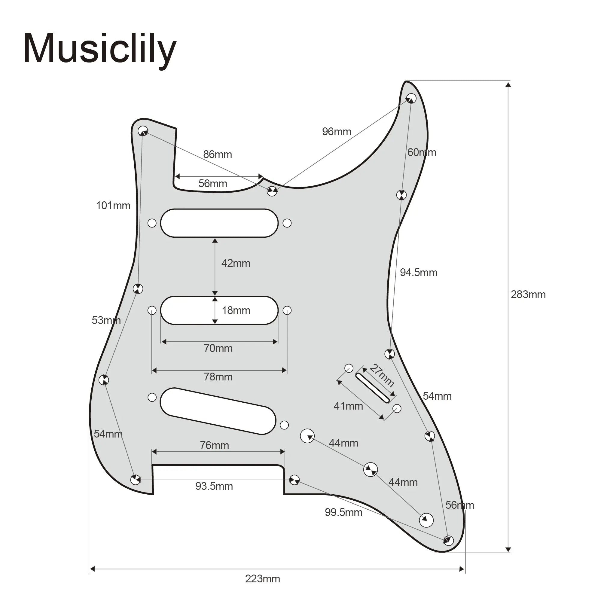 Dimensions of musiclily pro se st 60se pre wired sss pickguard with staggered alnico 5 pickups for strat style electric guitar mx3307p
