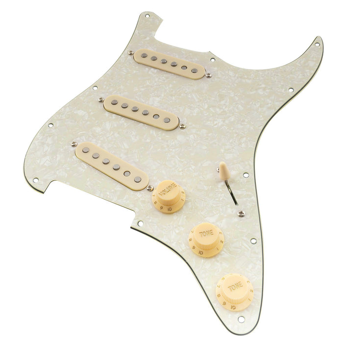 detail of musiclily pro se st 60se pre wired sss pickguard with staggered alnico 5 pickups for strat style electric guitar mx3307p