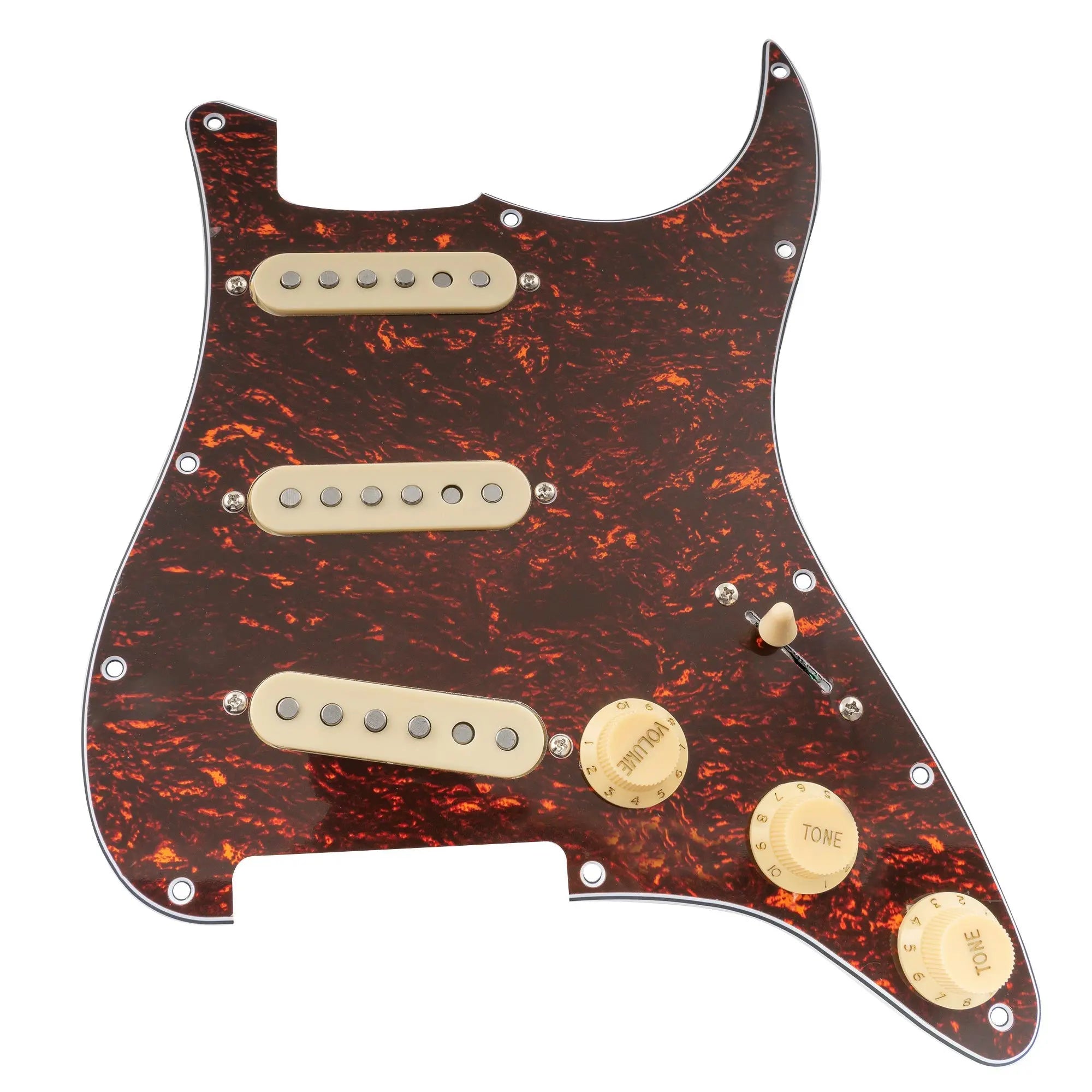 musiclily pro se st 60se pre wired sss pickguard with staggered alnico 5 pickups for strat style electric guitar mx3307p, red tortoise