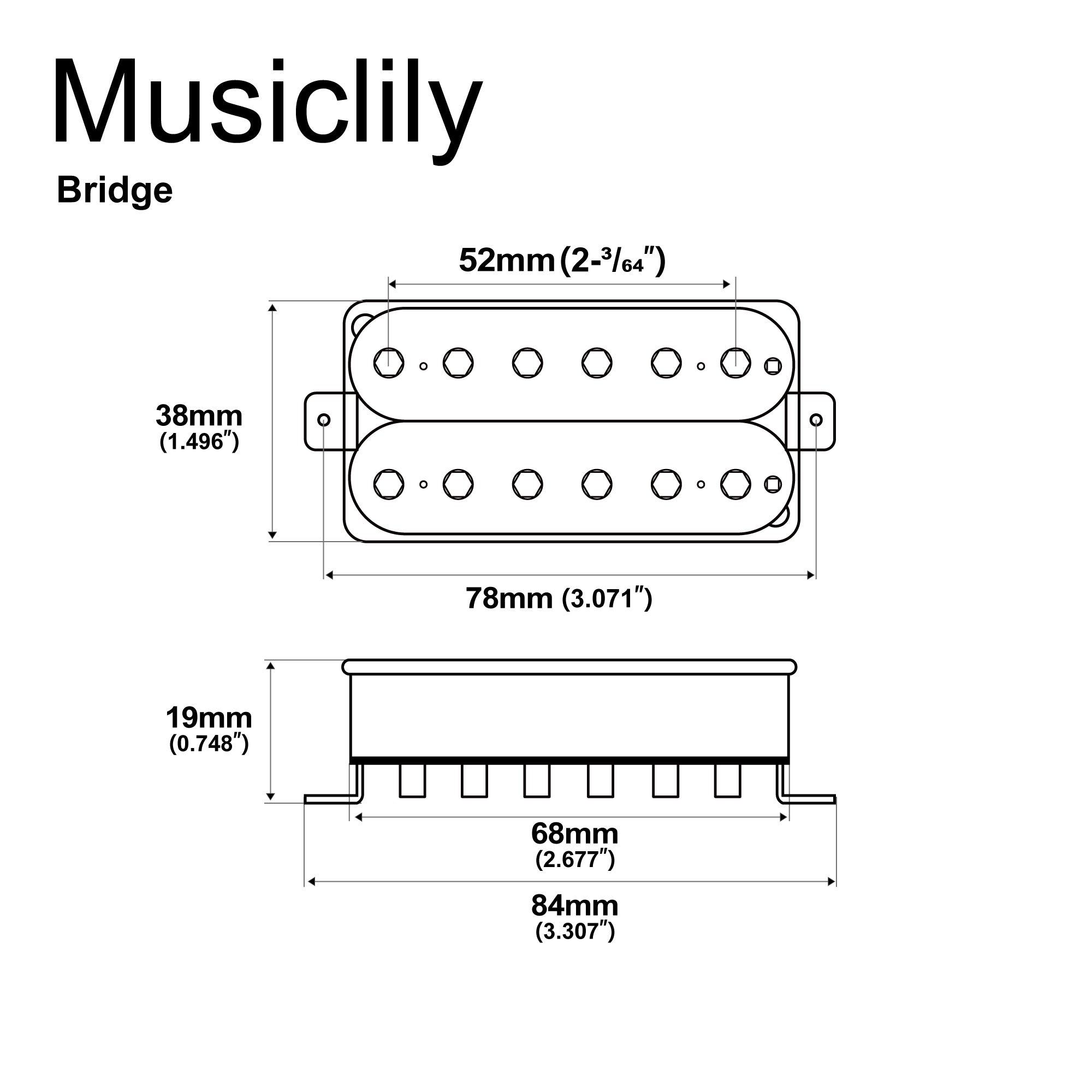 Musiclily Pro HH-HEXA Alnico 5 Offener Verstellbarer Sechseckiger Pol-Humbucker Stegtonabnehmer für E-Gitarre