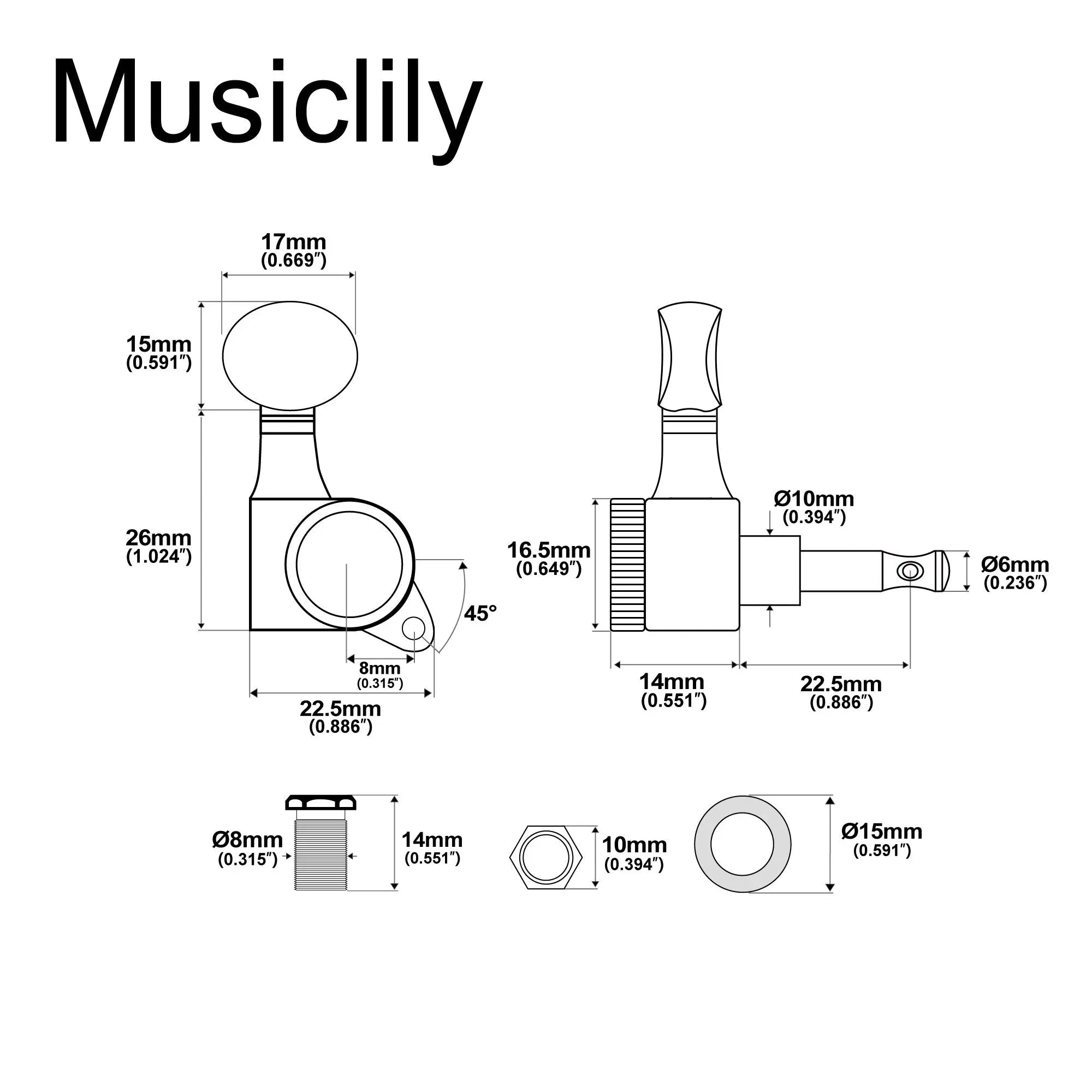 Dimensions of musiclily pro 6 in line 18 1 ratio full sealed locking machine heads tuners tuning pegs keys with vintage oval button 45 degree screw for strat tele style electric guitar mx3345 6p