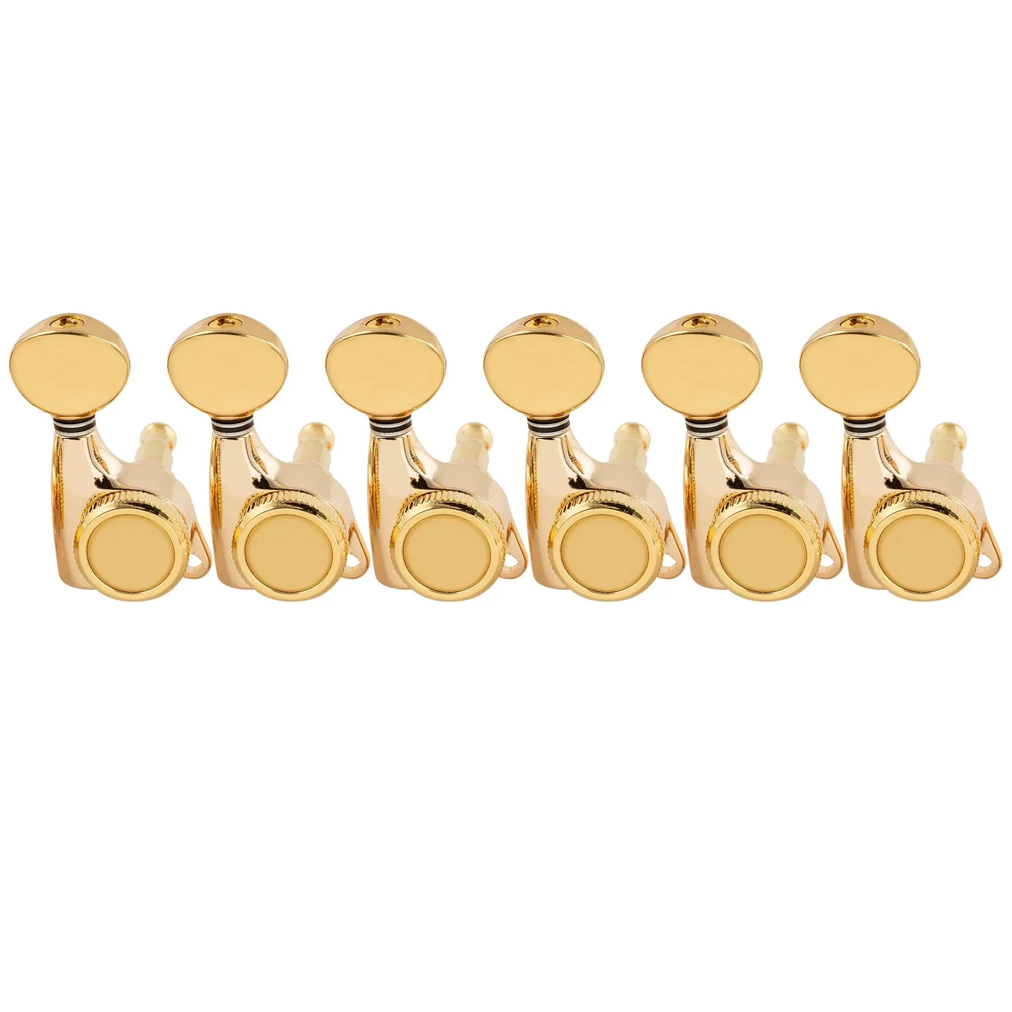 musiclily pro 6 in line 18 1 ratio full sealed locking machine heads tuners tuning pegs keys with vintage oval button 45 degree screw for strat tele style electric guitar mx3345 6p, gold