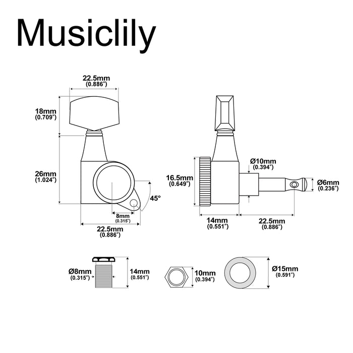 Musiclily Pro Single 18:1 Ratio Full Sealed Locking Machine Head Treble Side Tuner Tuning Peg Key with Big Hex Button for Acoustic Electric Guitar