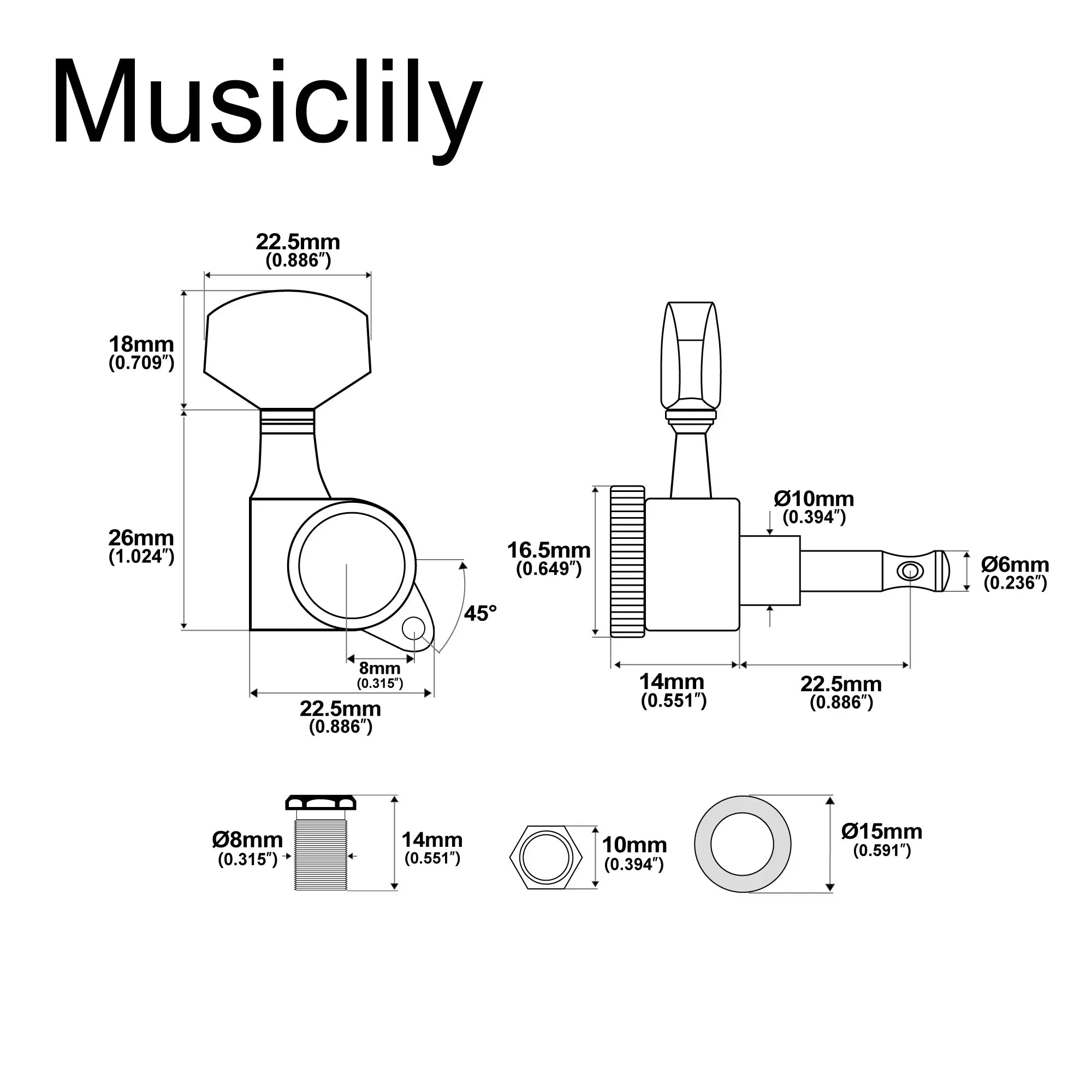 Dimensions of musiclily pro 3r3l 18 1 ratio full sealed locking machine heads tuners tuning pegs keys with big hex button 45 degree screw for acoustic electric guitar mx3348 3mx3349 3p