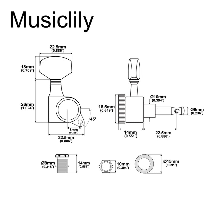 Dimensions of musiclily pro 3r3l 18 1 ratio full sealed locking machine heads tuners tuning pegs keys with big hex button 45 degree screw for acoustic electric guitar mx3348 3mx3349 3p