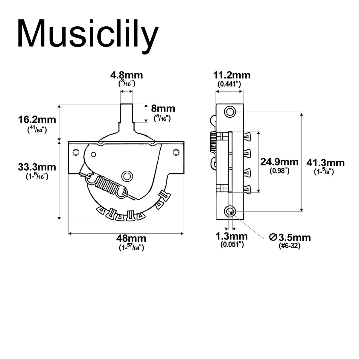 Dimensions of musiclily ultra 5 way pickup selector blade switch lever switch for strat style electric guitar mx3402p