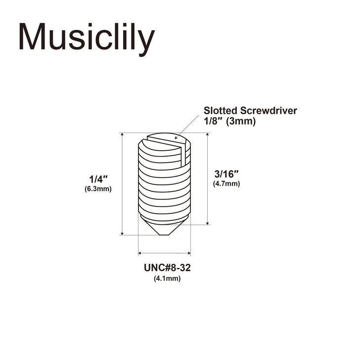 Dimensions of musiclily pro unc 8 32x1 4 inch stainless steel slotted cone point set screws for fender tele style control knobs mx3405 10p