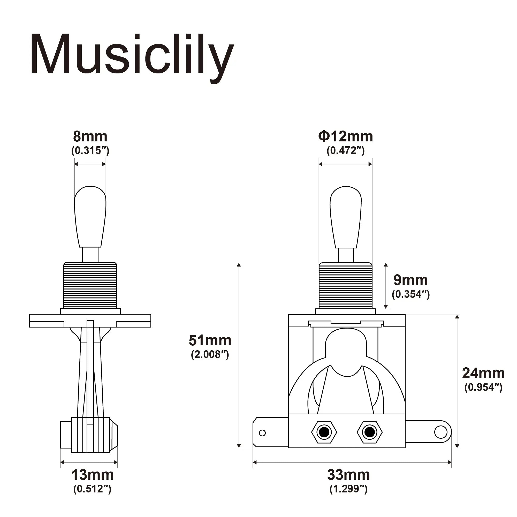 Dimensions of musiclily pro pre wired 3 way pickup select toggle switch soldered with metal braided wires for epiphone lp style electric guitar mx3413nk