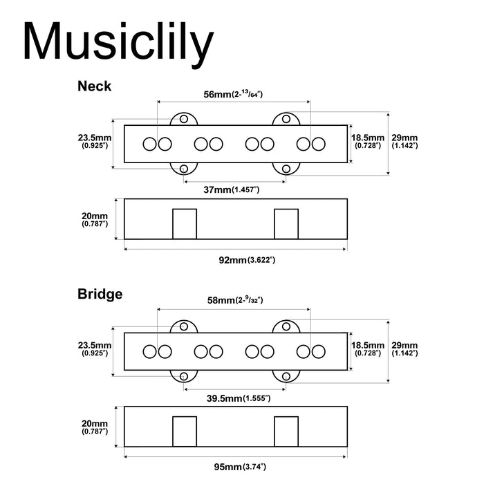 Musiclily Pro JB-70S Alnico 5 Ensemble de Micros Simple Bobine Manche et Chevalet 8.1K/7.8K pour Basse de Style Jazz Bass