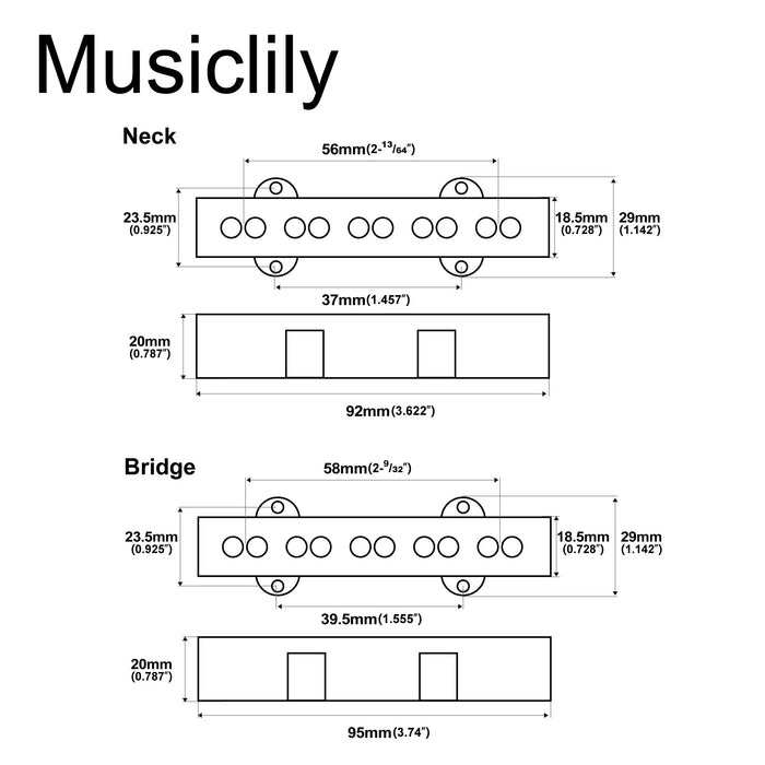 Dimensions of musiclily pro jb 70s alnico 5 single coil neck bridge pickups set 8 3k 7 9k for jazz bass style bass mx3427bkmx3428bk