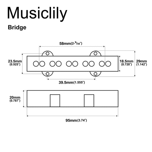 Dimensions of musiclily pro jb 70s alnico 5 single coil bridge pickup 7 9k for jazz bass style bass mx3428bk
