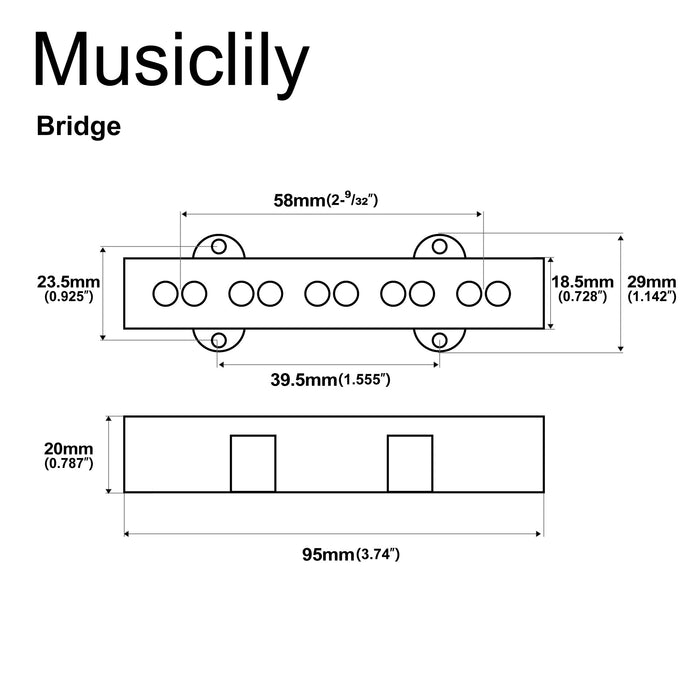 Dimensions of musiclily pro jb 70s alnico 5 single coil bridge pickup 7 9k for jazz bass style bass mx3428bk