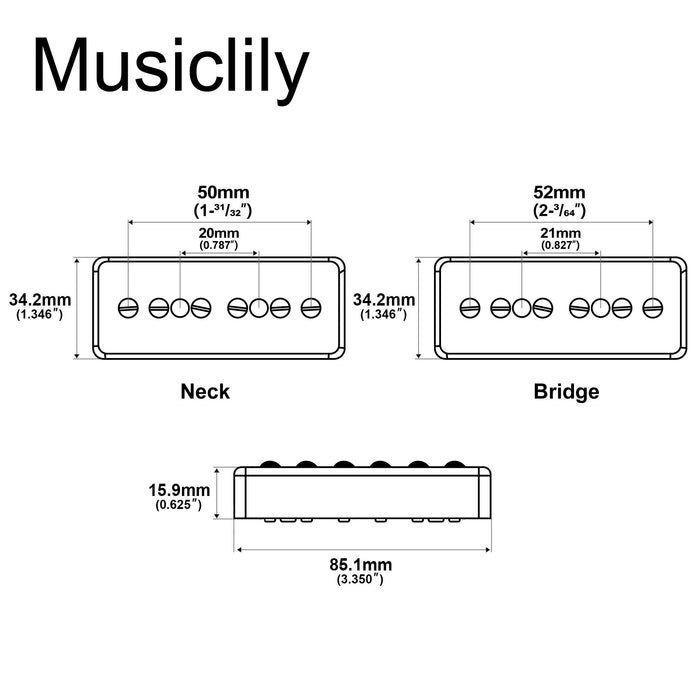 Dimensions of musiclily pro p90 mha alnico 5 high output p90 soapbar single coil pickup electric guitar neck bridge pickups set mx3429bkmx3431bk