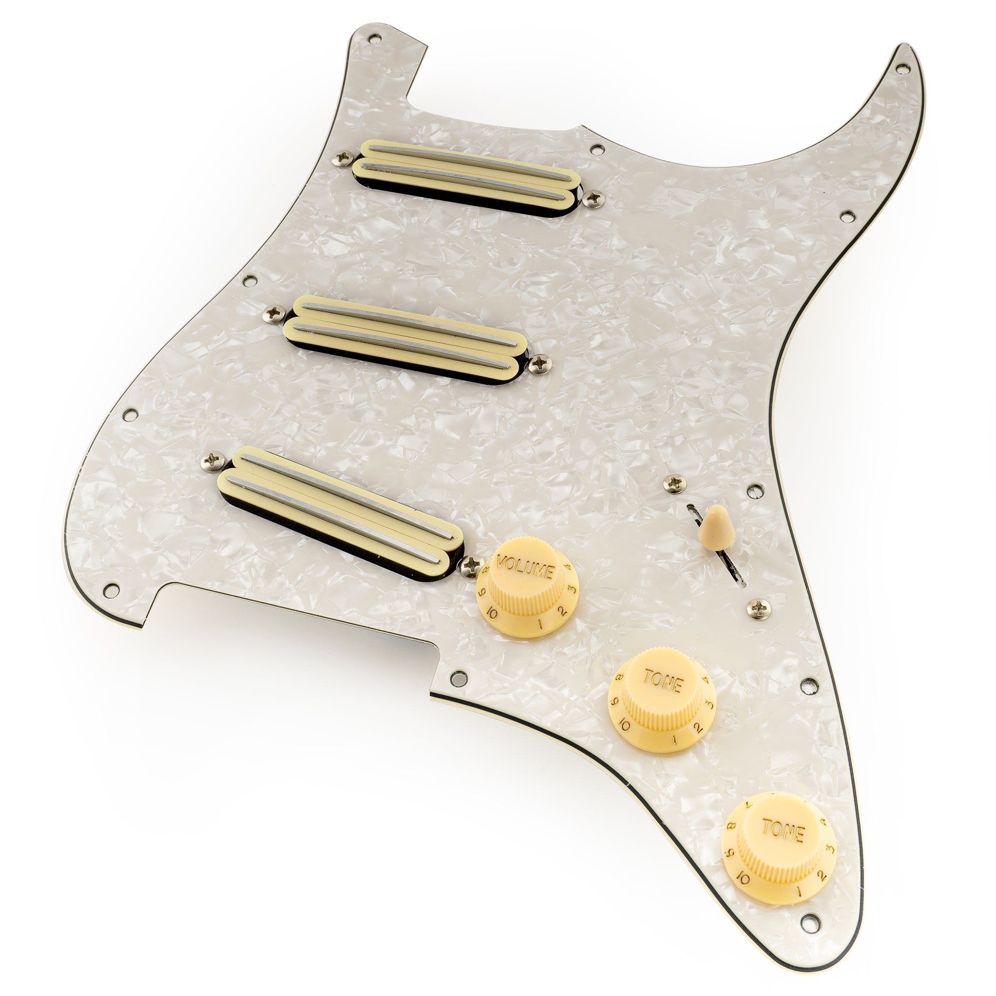 detail of musiclily pro se st dpha pre wired sss pickguard with alnico 5 mini rail humbucker for strat style electric guitar